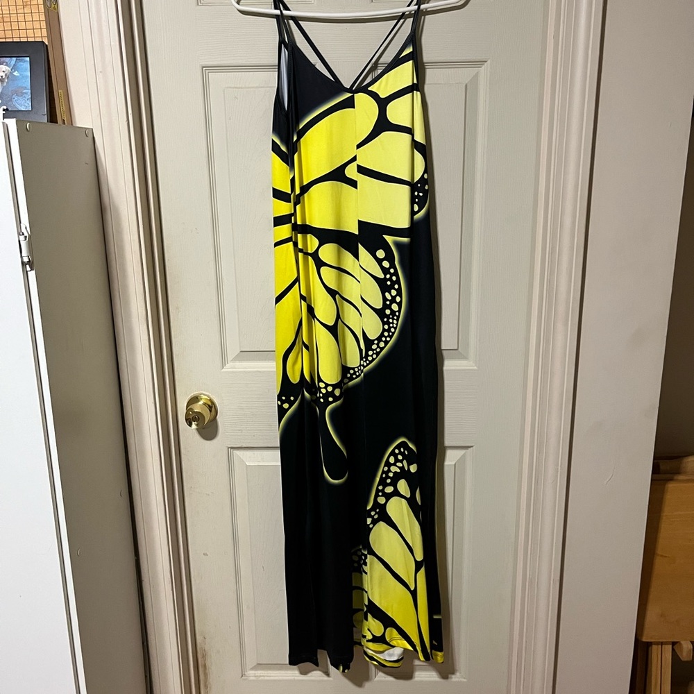 Gorgeous black and yellow butterfly maxi dress, womens Medium